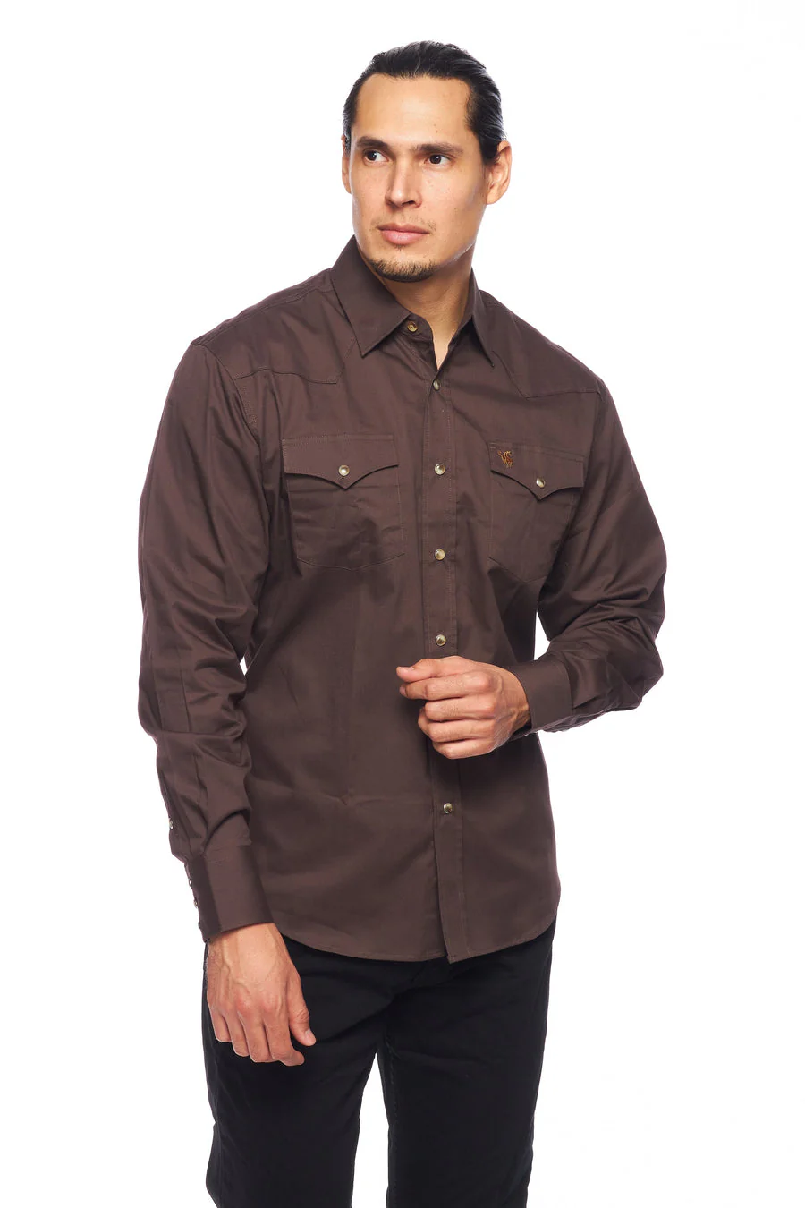Men's Western Solid Twill Shirt-AC108L-BROWN - Image 4
