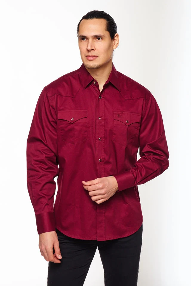 Men's Western Solid Twill Shirt-AC108L-BURGUNDY - Image 3