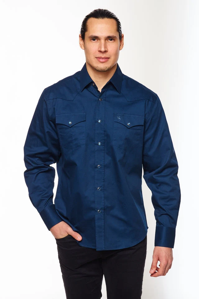 Men's Western Solid Twill Shirt-AC108L-NAVY - Image 4