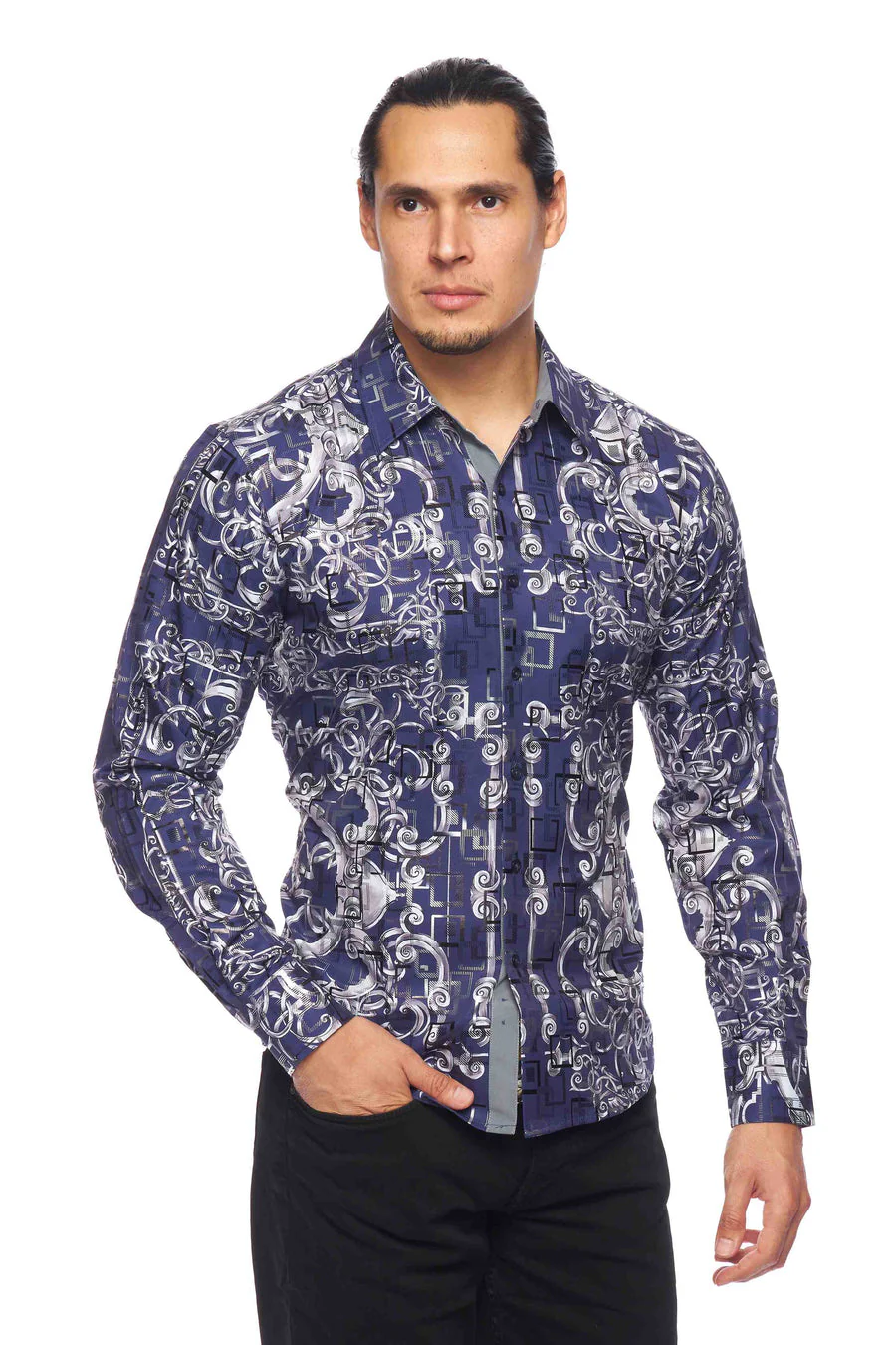 Mens Luxury Brand Printed Silk Like Shirts-HLS2002L-520 - Image 2