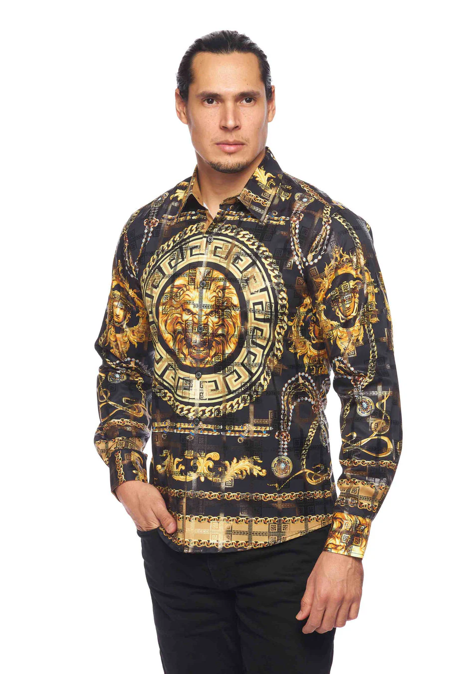 Mens Luxury Brand Printed Silk Like Shirts-HLS2002L-524 - Image 2