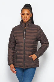 Women's Soft Coated Winter Puffer Jackets-LJ640 - BROWN - Image 4