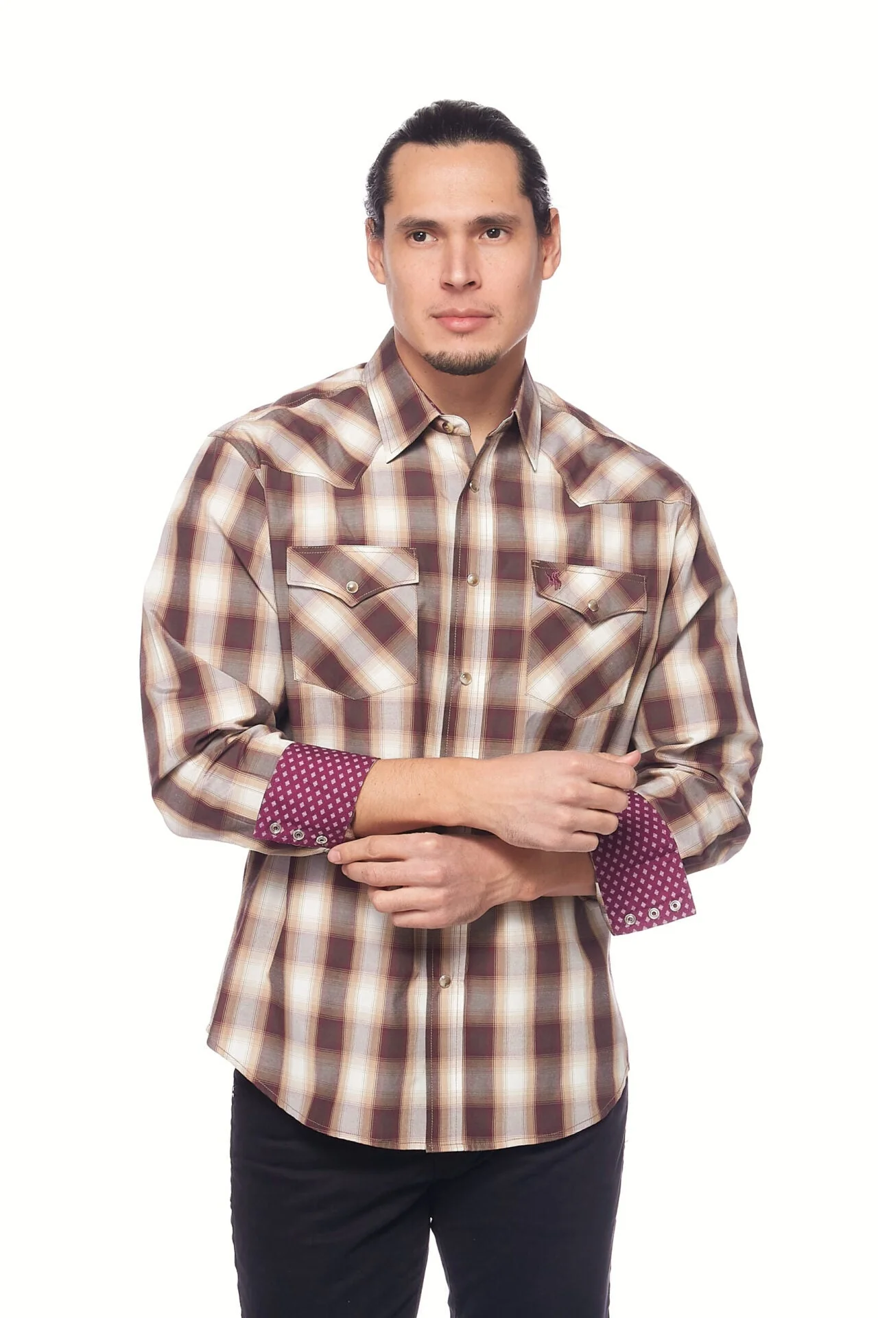 Men's Western Long Sleeve Pearl Snap Plaid Shirt -PS400-474