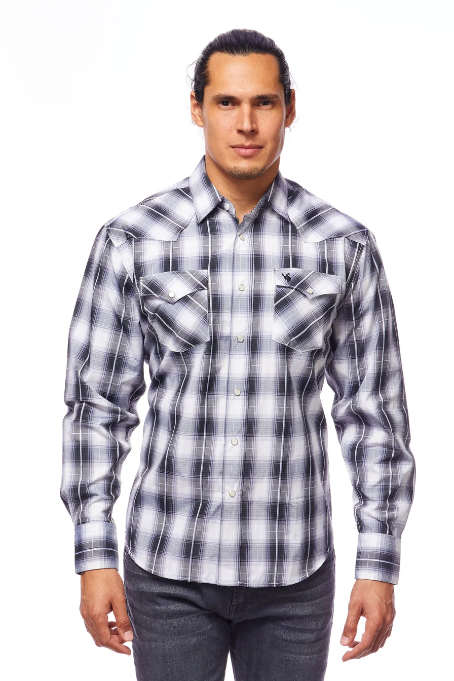 Men's Western Long Sleeve Pearl Snap Plaid Shirt -PS400-486