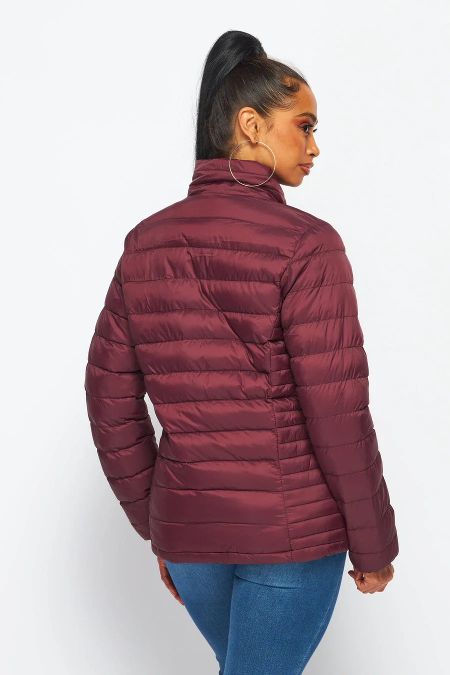 Women's Soft Coated Winter Puffer Jackets-LJ640 -BURGUNDY - Image 3