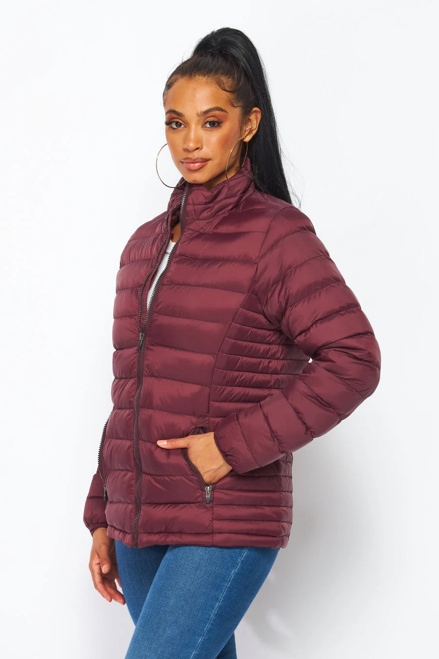 Women's Soft Coated Winter Puffer Jackets-LJ640 -BURGUNDY - Image 4